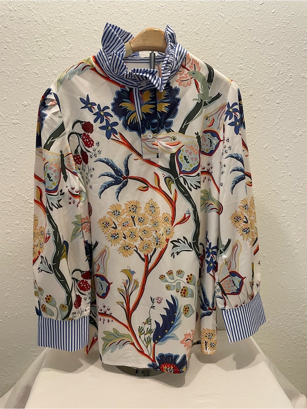 Floral Print Blouse with Stripe Trim